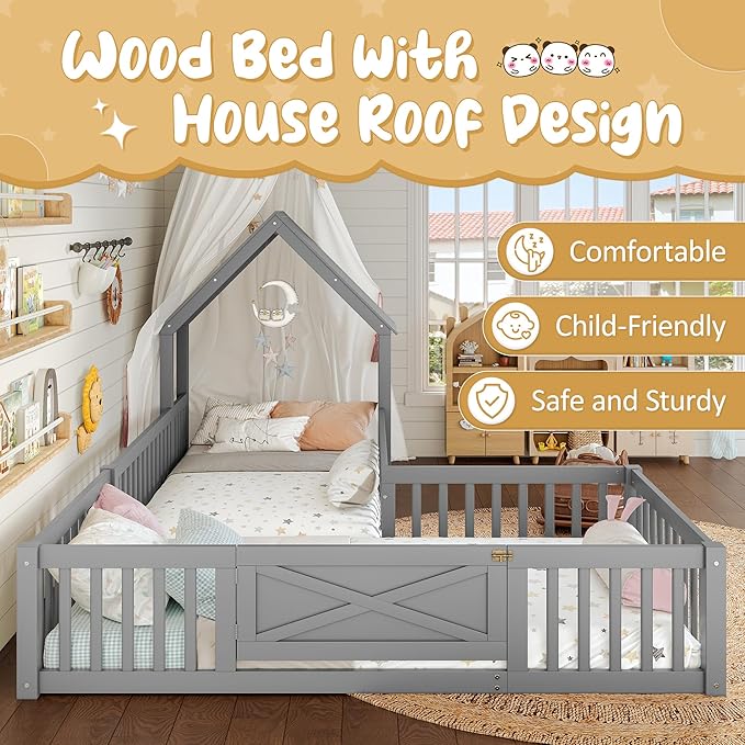 Harper & Bright Designs Twin Size House Shaped Double Floor Bed with Door and Full-Length Guardrails, Solid Wood Kids Montessori Floor Bed for Girls Boys, Multi-Function, Grey