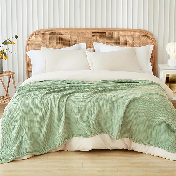 EMME Cotton Muslin King Blanket Big Oversized Bed Layering Bedspread Coverlet Breathable Gauze Soft Lightweight Blankets (Sage Green, 120"x94")