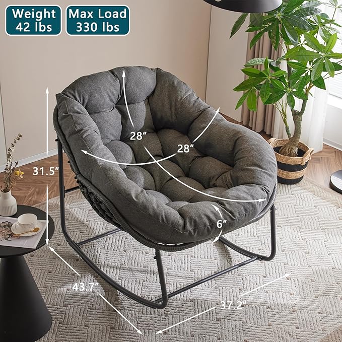 Oversized Outdoor Papasan Rocking Chair Set of 2 with Soft Cushion, Comfy Patio Egg Chair, Wicker Lounge Rocker for Balcony/Porch/Garden, Reinforced All Weather Rattan Frame, Dark Grey
