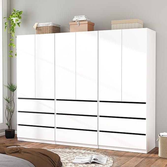 Armoire Wardrobe Closet with Drawers：75" Large White Wardrobe Closet Cabinet with 6 Doors for Hanging Clothes, Modern Wooden Bedroom Armoires with 9 Drawers and Storage (B+B+B, 94.5")