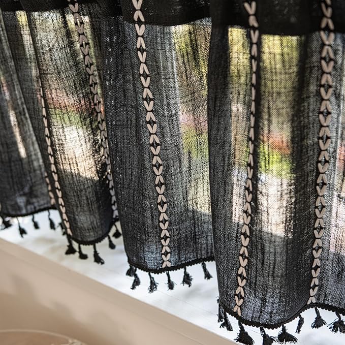 Deeprove Black Boho Curtain Valance for Cafe Kitchen Closet Doorway Cottage Decor, Gothic Sheer Bohemian Farmhouse Cotton Linen Short Panel Tassel Vintage Chic Window Drape W52 x L18, 1 Piece