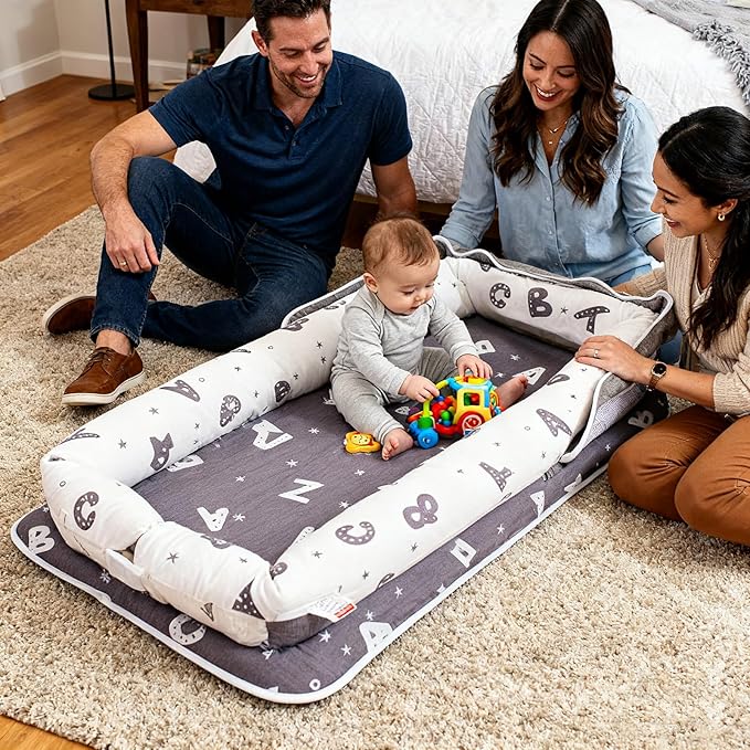 Baby Lounger for Newborn Portable Bag,Baby Nest Play Gym mat with Strap,Newborn Lounger Adjustable Size & Inner Zipper Lengthen Space to 24 Months(Letter Gray)