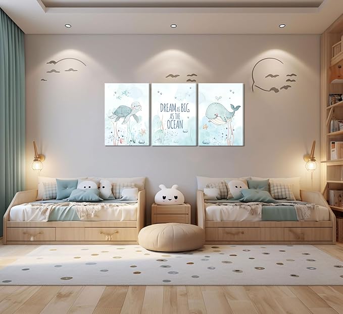 Ocean Nursery Canvas Wall Art Sea Turtle Whale Animal Painting Picture Wall Decor Sea Kids Room Poster Print Artwork for Baby Boys Girl Children's Room Bedroom Home Decoration