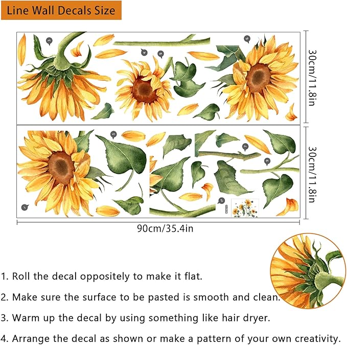Vintage Sunflower Wall Decal Garden Floral Wall Sticker Yellow Flower with Green Leaves Wall Decals Peel and Stick Wall Stickers Aesthetics Decor for Living Room Bedroom