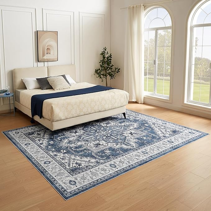 WITSHOCK Living Room Area Rugs 8x10: Washable Rug Boho Soft Non-Slip Low Pile Stain Resistant Foldable Carpet for Bedroom Playroom Dining Room Office Kitchen Farmhouse Home Decor Rug-Blue