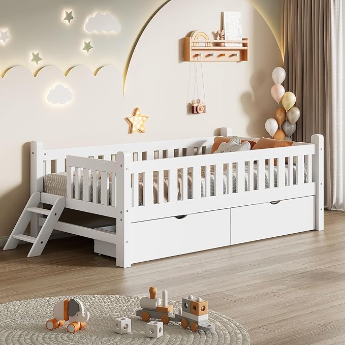 LUMISOL Twin Size Kids Bed Frame with Storage Drawers, Wood Twin Size Floor Bed with Safety Guardrail and Ladder for Girls Boys Teens, White