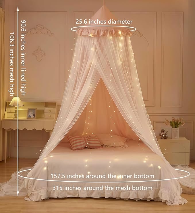 Eimilaly Princess Bed Canopy for Girls, Double Layer Canopy with 250pcs Warm White Curtain Lights, Fits Twin/Full Bed - Fairy Bed Tent for Kids Room Decor,Pink