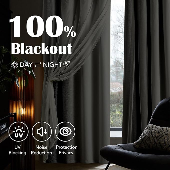 100% Blackout Curtains with Sheer Overlay Mix and Match Double Layer Drapes 84 Inch Long 2 Panels for Bedroom Living Room Grey White Ombre Grommet Window Treatment with Tiebacks
