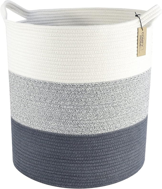 COMFY-HOMI XXL Large Laundry Basket with Handles Blanket Baskets Living Room|Woven Cotton Rope Decorative Basket Laundry Hamper Baby Gift Nursery Dog Toy Storage Organizer Bin-16”x18”-3Tone Grey