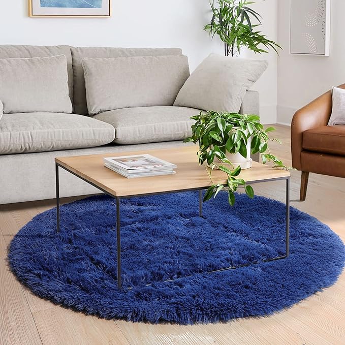 Navy Blue Round Rug 4Ft for Boys Room Bedroom, Washable Circle Area Rugs for Kids Room, Living Room Decor Aesthetic, Fluffy Shag Fur Throw Royal Dark Blue Carpet for Preppy Dorm Playroom Baby Nursery