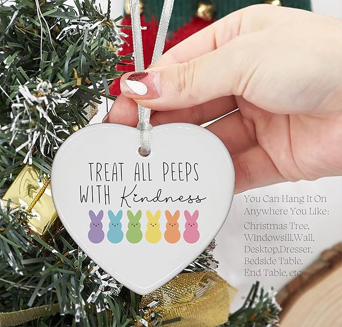 Heart Shaped Christmas Ornament-Reminder Gift-Easter Teacher Appreciation Treat All Peeps with Kindness Positive Motivational Decor Ornament Ceramic Keepsake with Gift Box