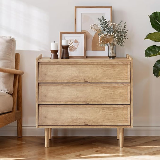 3 Drawers Dresser, 31.5'' W Mid- Century Modern Wooden Chest of Drawers, Large Night Stands Organizer for Bedroom, Closet, Hallway, Entryway, Natrual Wood Color