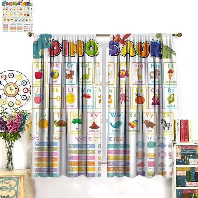 Funny Kids Alphabet Curtain, Cartoon Animal Alphabet Learning Dinosaur Boys Kids Students Baby Educational Colorful Blackout Window Treatments for Bedroom Living Room School 42" W X 63" L