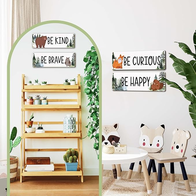 Woodland Nursery Decor, Jungle Safari Animals Boysroom Wall Sign Art, Inspirational Bedroom Decorations for Kids Boys, 4 Pieces Wood Sign, 3.9x11.8 In-A02