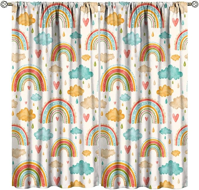 Boho Rainbow Curtains for Kids Nursery Colorful Floral Sun Star Clouds Pastel Bohemian Pattern Print Window Drapes for Girl Bedroom Living Room Kitchen Decor,2 Panel Set,84Wx84H Inch Blackout