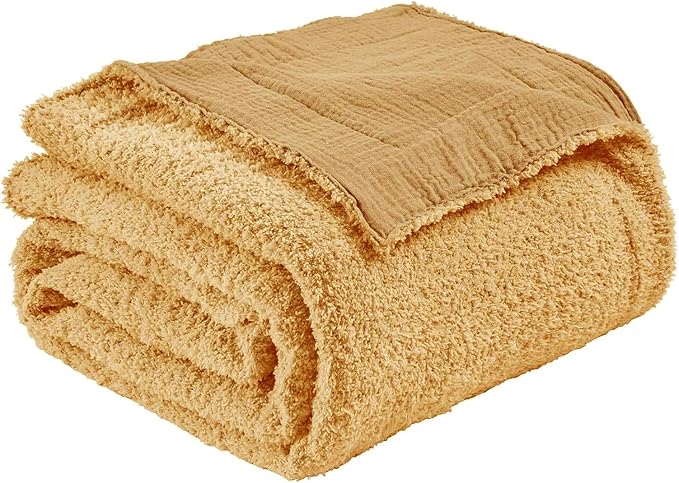 EMME Muslin and Fleece Throw Blanket Reversible - 50"*60" Beige Soft Warm Throw Blankets for Couch Bed Picnic Travel Bed