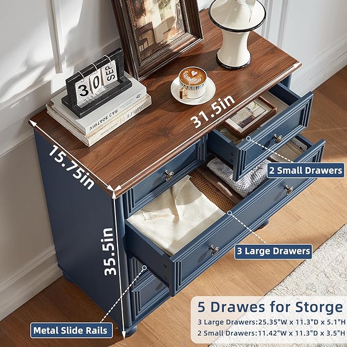 Farmhouse 5 Drawer Dresser Set of 2, Blue Rustic Chest of Drawers, 35.5" Tall Small Dressers for Bedroom with Roman Column and Metal Handles,Wood Storage Organizer for Living Room,Hallway,Closet