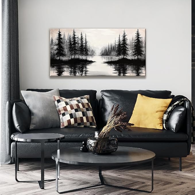 QSQ Black Wall Art For Living Room Canvas Art Wall Decor Print Modern Wall Art Forest River Landscape Painting Picture For Bedroom Office Apartment Hotel Home Wall Decoration 24 X 48 In