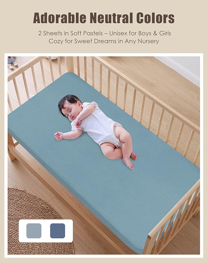 SWEET DOLPHIN 2-Pack Muslin Crib Sheets for Boys & Girls, Ultra Soft Breathable 40S Long-Staple Cotton Fitted Baby Sheets for Standard Crib Mattress 52"x28", Light Navy- Nursery Essentials