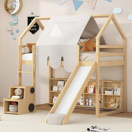 Playhouse Design Twin Size Wood Loft Bed with Slide and Tent, Low Loft House Bed Frame with Storage Shelves and Removable Car-shaped Staircase for Kids Teens Boys Girls Bedroom (Natural+Beige)