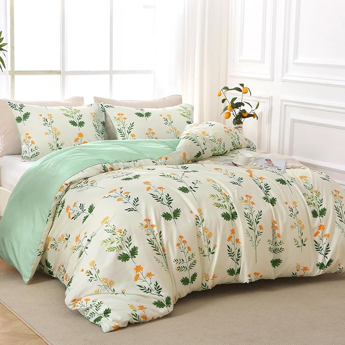 MUXHOMO Duvet Cover King Size, Reversible Floral Vintage Duvet Cover Set with Zipper Closure, 3 Pieces Botanical Patterns Soft Microfiber Bedding Set (90"x104", 2 Pillow Cases)