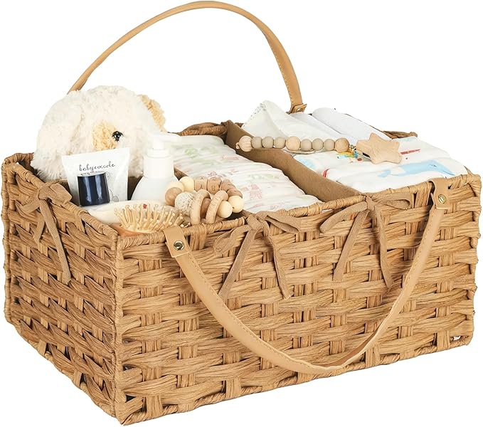 Diaper Caddy Organizer, Hand Rattan Nursery Storage Basket for Baby Essentials, Baby Changing Table Organizer Perfect Nursery Assistant, Easy Assemble