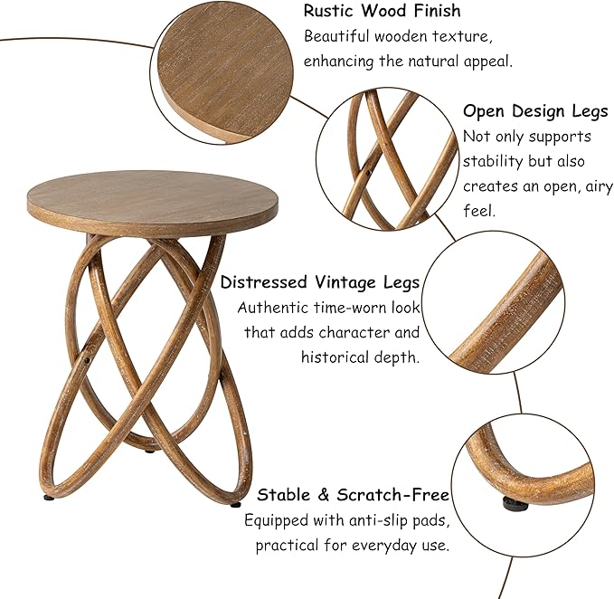 COZAYH Round End Table Farmhouse Wood Side Table Rustic Plant Stand with Intertwined Line Design for Living Room, Office, Walnut
