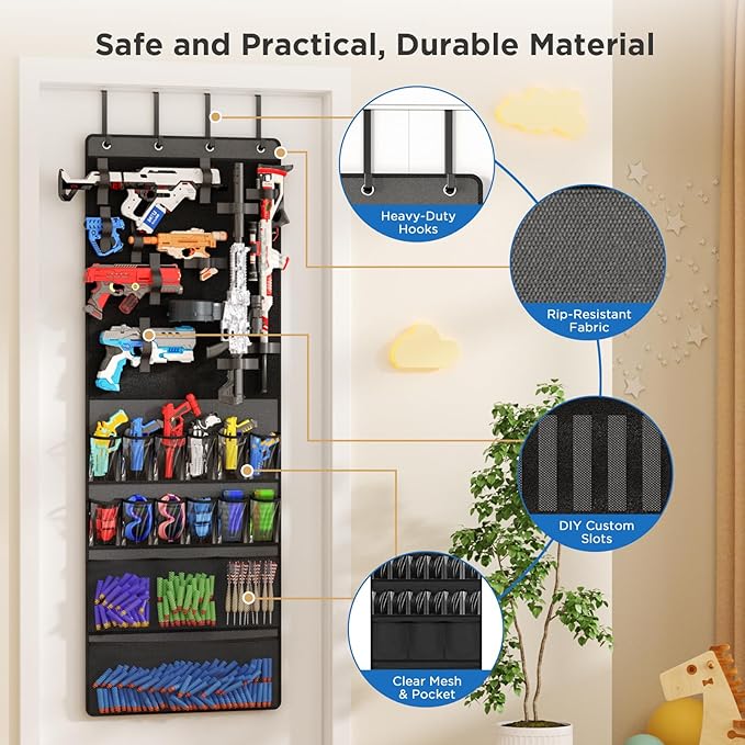 Over The Door Organizer for Toy Guns, Toys Storage Door Hanger with Pockets and Slots for Kids Foam Blasters, Darts, Goggles, Over Door Toys Storage Organizer, for Kids Rooms, Game Rooms, Gray