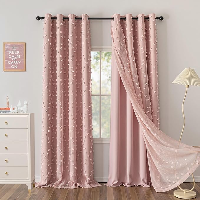 MYSKY HOME Pink Curtains for Bedroom 72 Inches Long Nursery Curtains Pom Pom Pink Sheer Curtains for Girls Room Double Layer for Toddler Bedroom Grommet Room Darkening Window Panels 52 x 72 Inch