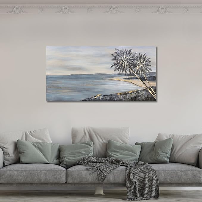 Yuaxker Ocean Wall Art Black and Gold Blue Art Canvas Painting Modern Ocean and Coconut Tree Wall Decor Artwork for Living Room Bedroom Dining Room Office Home Decor 30x60 inch