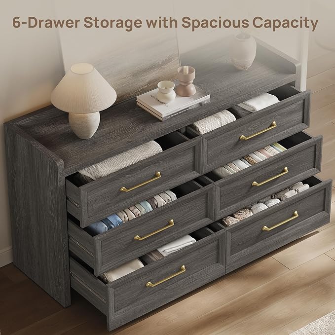 SICOTAS 6 Drawer Dresser for Bedroom-56.4" Extra-Wide Wooden Chest of Drawers with Large Storage, Long Dresser TV Stand with Drawers, Modern Closet Dressers for Nursery Living Room, Dark Grey Oak