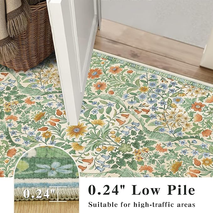 8x10 Washable Area Rug for Living Room, Large Vintage Grass Green Floral Rugs, Soft Non-Slip Stain Resistant Boho Lightweight Carpet for Bedroom Dining Room Nursery Home Office