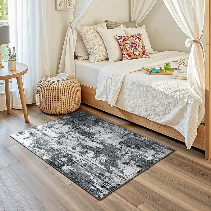 Washable Area Rugs 2'x3' Non-Slip Modern Abstract Soft for Living Room Entryway Bedroom Nursery, Print Pattern, Black Gray