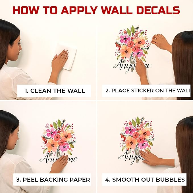 Custom Colorful Floral Name Wall Decal Personalized Flower Aesthetic Name Transparent DTF Vinyl Removable Nursery Wall Decal for Kids Room, Teen Bedroom, Car, Cute Home Decor Gift