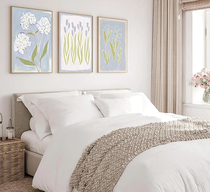3Pcs Blue Green Tulip Hydrangea Flower Wall Art Flowers Plant Aesthetics Painting Picture Decor Elegant Preppy Poster Print Artwork for Living Room Gallery Bedroom Dorm Home Decoration