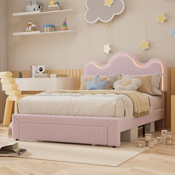 FULL Upholstered LED Bed Frame with Storage Drawers Girls Bed with flower Headboard Boucle Princess Platform Bed Frame for Kids/Girls Strong Wood Slat Support,No Box Spring Needed,Easy Assembly