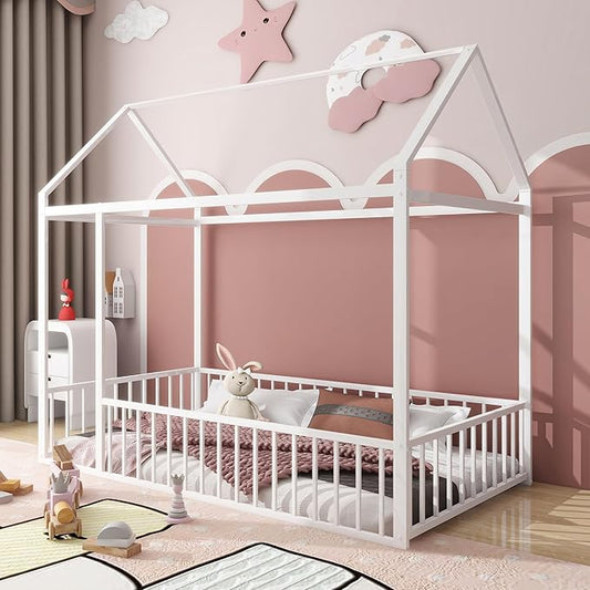 Bellemave Twin Size Montessori Floor Bed, Metal House Bed Framefor Kids, Montessori Floor Beds with Fence, Playhouse for Kids,White