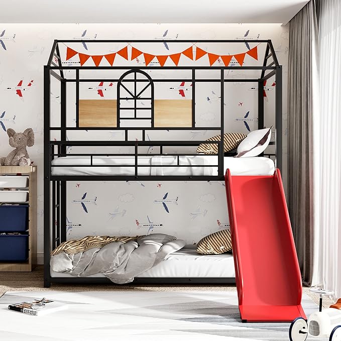 MERITLINE Metal Bunk Bed Twin Over Twin Bunk Bed Frame with Slide,Twin Over House Bed with Guardrails