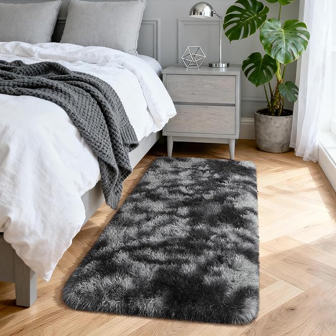 Merelax Soft Area Rugs for Livingroom Bedroom, Shaggy Plush Fuzzy Fluffy Carpet Furry Fur Rug, Modern Indoor Comfy Nursery Kids Dorm Home Decor Floor Mat, 2 x 4 ft, Tie-Dyed Black & Grey