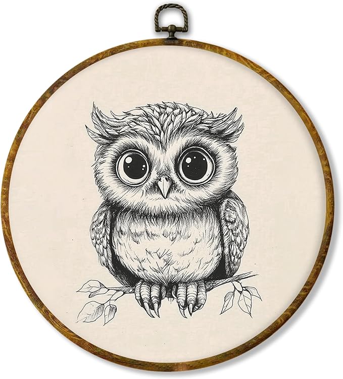 Hiuwevt Vintage Owl Round Wall Art Decor, Cottagecore Neutral Owl Framed Canvas Prints, Retro Rustic Forest Wildlife Round Wall Hanging Decor for Home Nursery Kids Bedroom Decorations, 10x10 Inches