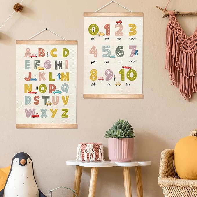 HEYJEEPER Alphabet and Numbers Chart Poster set of 2, Colorful Alphabet Numbers Wall Art,Toddler Educational Learning Wall Hanging Decor for Kids Room,Playroom,Nursery,Classroom Must Haves 18x14Inch