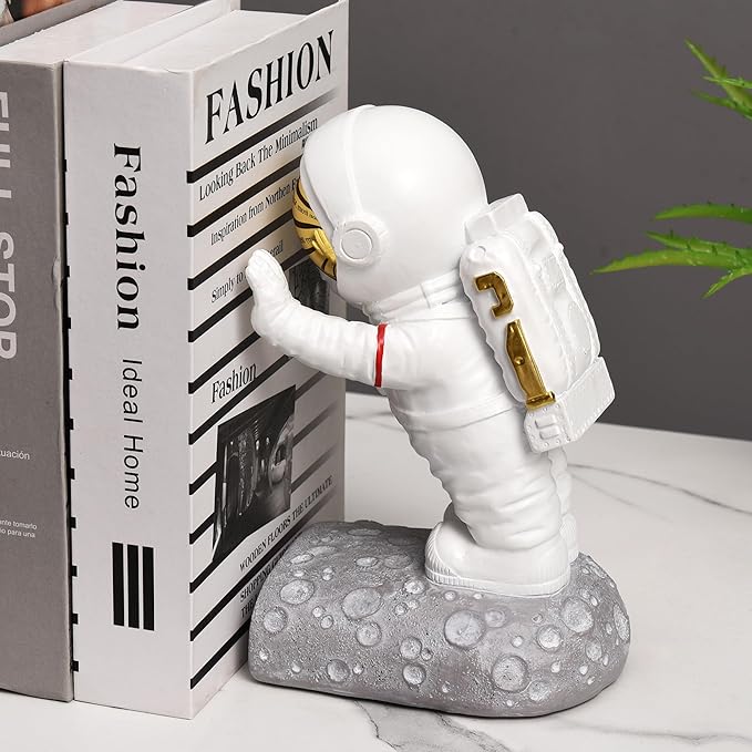 Decorative Space Theme Bookends - Astronaut Resin Bookends with Anti-Slip Base - Sturdy, Fun & Unique Book Holders for Heavy Books (Gold)