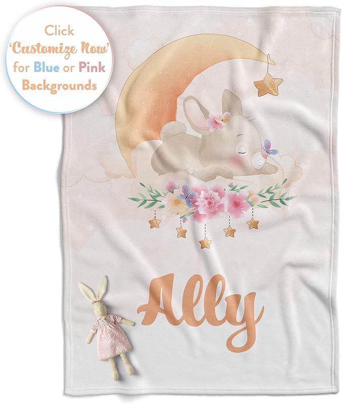 Personalized Baby Blankets with Name | Custom Rabbit Newborn Blanket for Baby Girl and Baby Boy | Unisex Warm Soft Fleece Swaddle Blanket Minky | (Bunny, Fleece 50"x60")