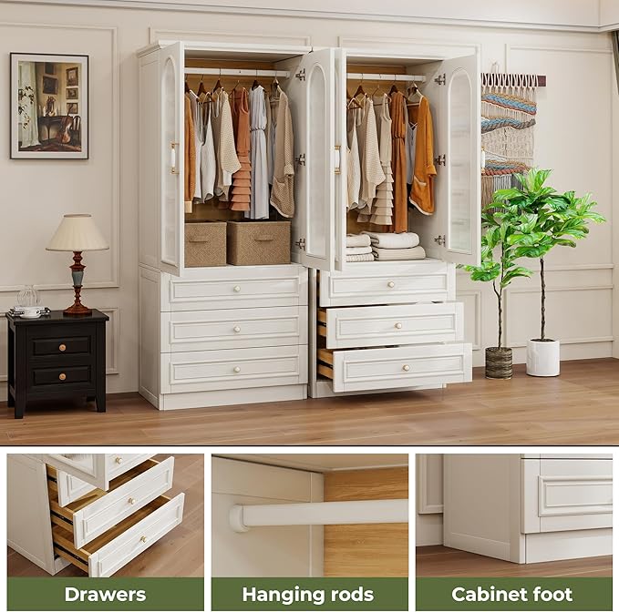 Solid Wood Wardrobe Closet:TemkTuek 70.87" Large Armoire,Clothing Storage Cabinet with Drawers,Doors,Hanging Railsand Shelves,Vintage Freestanding,Bedroom,White(19-19)