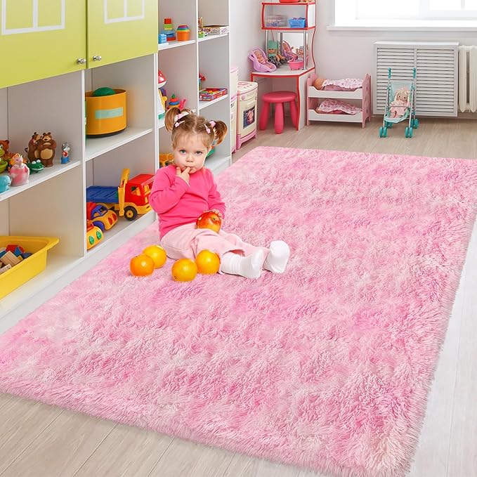 Fluffy Pink Rugs for Bedroom Girls, 5x8 Soft Fuzzy Area Rug Shag Carpet for Kids Room Playroom Nursery Living Room Dorm, Washable Plush Shaggy Rug Play Mat for Kids Baby Boys Teen