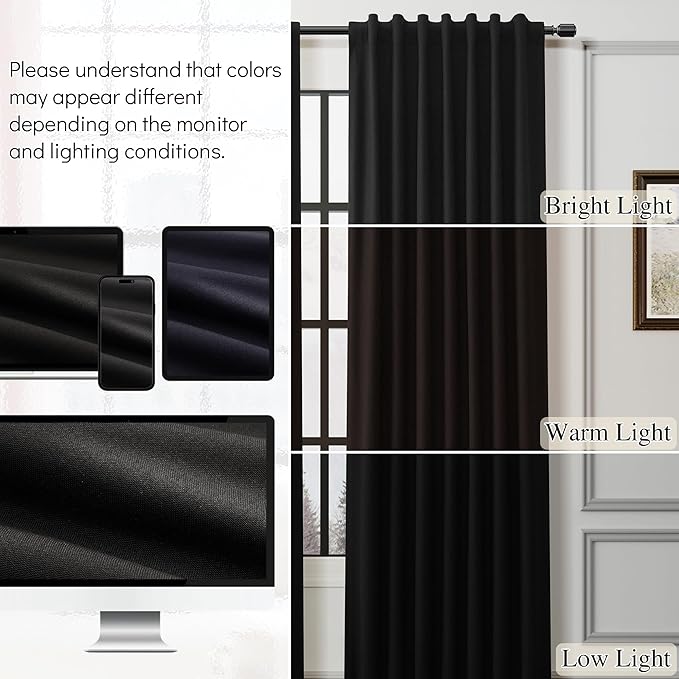 Guken Black Linen 100% Blackout Curtains for Bedroom 84 Inch Length 2 Panels Back Tab Hook Belt Light Blocking Thermal Insulated Noise Cancelling Linen Textured Living Room Dining Room 52x84 7Ft