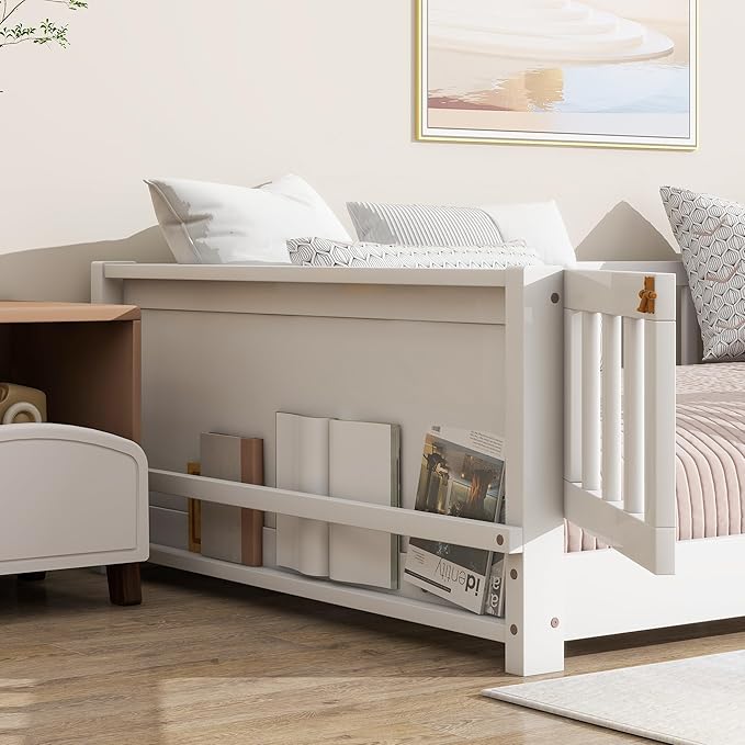 Twin Size Kids Montessori Floor Bed with Door,Twin Floor Bed Frame with Slats and Bookcase,Solid Wood Montessori Bed for Girls Boys,White