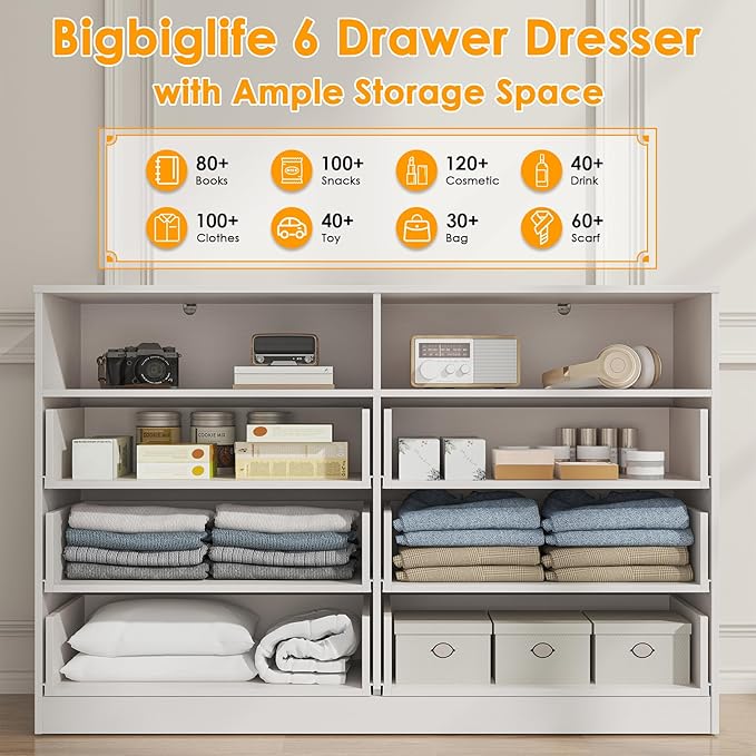 Bigbiglife 6 Drawers Dresser for Bedroom with Open Storage Cubby, Double Wide Dresser Organizer for Bedroom, Living Room, Entryway, Hallway (White)