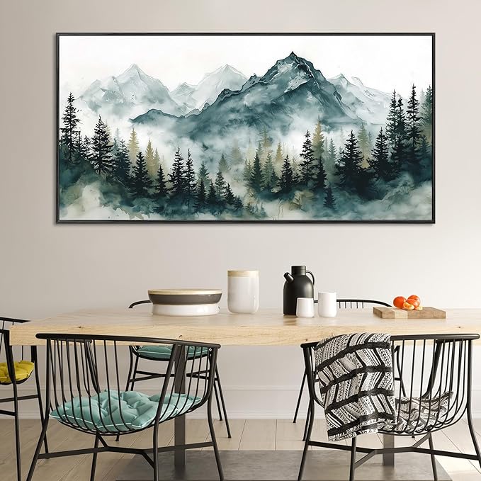 Large Framed Foggy Mountain Wall Art for Living Room, Watercolor Forest Landscape Canvas Paintings Artwork Green Nature Prints Art Rustic Wall Decor Modern Misty Pine Trees Pictures for Office 16"x30"
