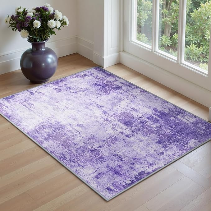 Washable Area Rugs 2'x3' Non-Slip Modern Abstract Soft for Living Room Entryway Bedroom Nursery, Print Pattern, Purple Gray Pink White